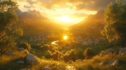 Naklejka premium Mountain Valley Sunset