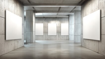 Stylish professional office with concrete walls, blank whiteboard frames, and minimal furniture.