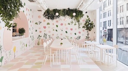 Floral cafe interior, city view, pastel decor, daytime