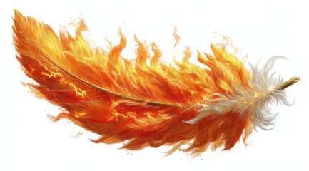 A vibrant feather engulfed in flames captures attention with its intricate details. The blend of fiery colors radiates heat, showcasing a surreal artistic interpretation of fantasy elements