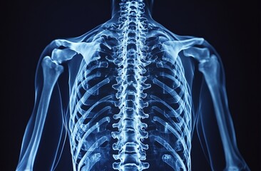 X-ray image of a teenage patient's spine revealing Scoliosis and a spinal bend commonly found in young individuals, presented in a blue tone with copy space, representing a medical concept