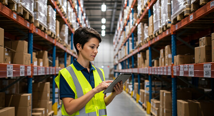 Warehouse Worker Using Tablet Inventory Management, Logistics, Stocktaking, Distribution, Storage Facility.
