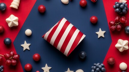 Obraz premium Festive Red and Blue Holiday Gift with Candy and Decorations on a Colorful Background