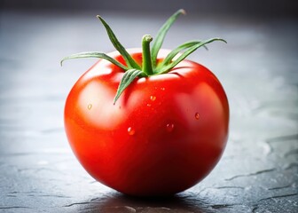 A juicy red tomato with a green stem emerging from its surface