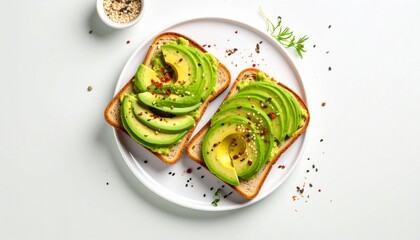 Minimalist photo of avocado toast with chili flakes and sesame seeds
