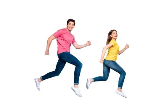 Full length body size profile side view of nice attractive funny cheerful cheery couple running fast speed in air having fun isolated over bright vivid shine vibrant green turquoise background