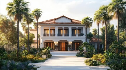 Naklejka premium Elegant two-story white villa with tiled roof surrounded by lush tropical garden and tall palm trees under cloudy sky