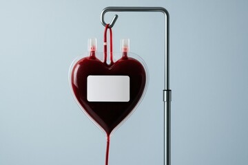 Obraz premium Heart-Shaped Blood Bag Hanging on IV Drip, a symbolic illustration of donating love, health, and the life-saving process of blood transfusion.