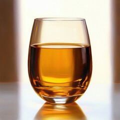 Close-up of a transparent glass filled halfway with amber liquid on a reflective surface with soft diffuse background lighting