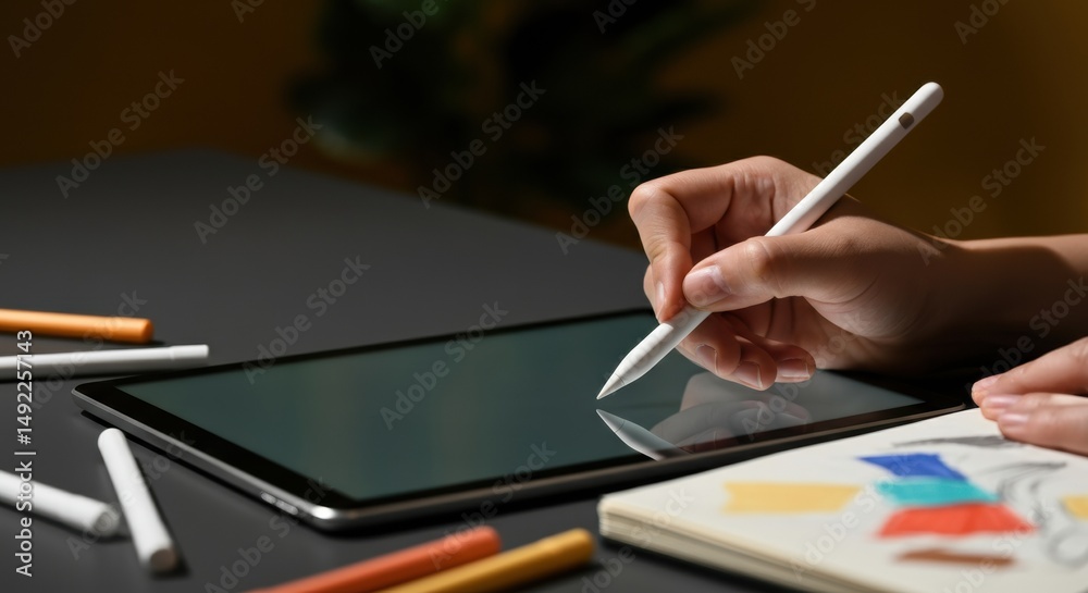 Wall mural person using a stylus on a tablet while sketching in a notebook