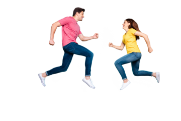 Full length body size profile side view of nice attractive sportive active cheerful cheery couple running jumping in air having fun isolated over bright vivid shine vibrant green turquoise background