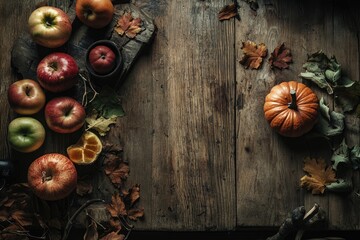 Autumnal harvest bounty on rustic wooden table