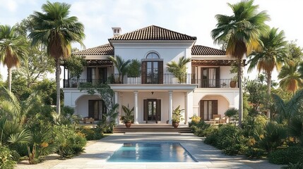 Fototapeta premium Large elegant two-story villa with tile roof surrounded by lush greenery and palm trees under a bright sky with a rectangular swimming pool in front