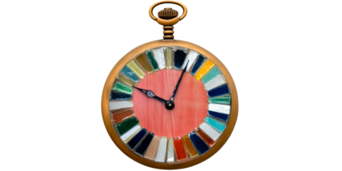 Vintage pocket watch with colorful tile bezel on blank background, cut out transparent