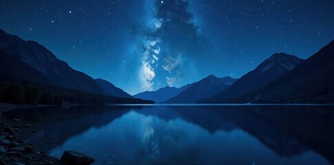 Dark mountain silhouette, countless stars reflected in glassy lake water , image, mountain range