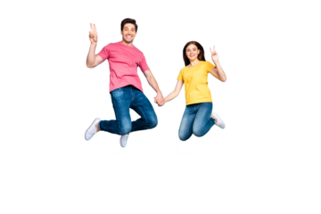Full length body size view of nice attractive lovely cheerful cheery couple jumping up in air showing v-sign isolated over bright vivid shine vibrant green turquoise background