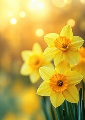 Obraz premium Close-up of vibrant yellow daffodil flowers with morning dew droplets glowing softly in warm sunlight