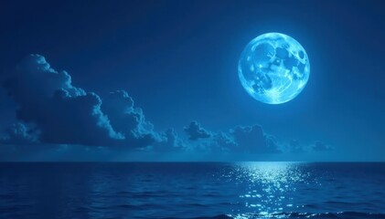 Full blue moon ascends over serene ocean, clouds softly illuminated , bright, clouds