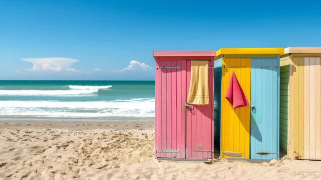 Colorful beach changing cabins with towels.