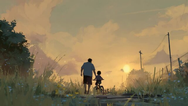 The father runs alongside his son, steadying the bike, then lets go as the boy pedals confidently for the first time