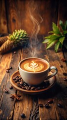 A steaming cup of coffee with intricate latte art design on a wooden table