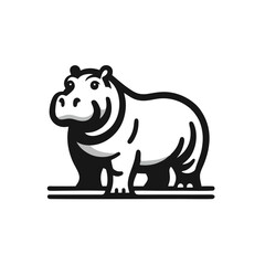 Modern Hippo Logo, Flat Style, Standing Pose, Thick Outlines