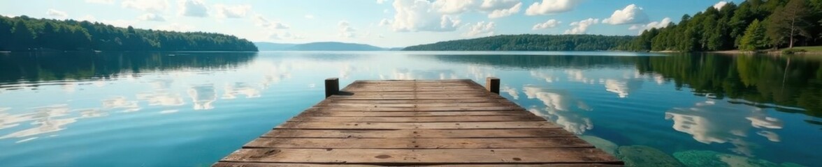Fototapeta premium Rustic wooden dock extends over calm Maine lake, view, clouds