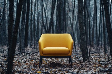 Fototapeta premium The forest has a yellow armchair in the middle, which is in stock