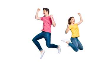 Full length body size view of his he her she nice attractive lovely cheerful cheery couple jumping up in air having fun rejoicing isolated on bright vivid shine vibrant green turquoise background