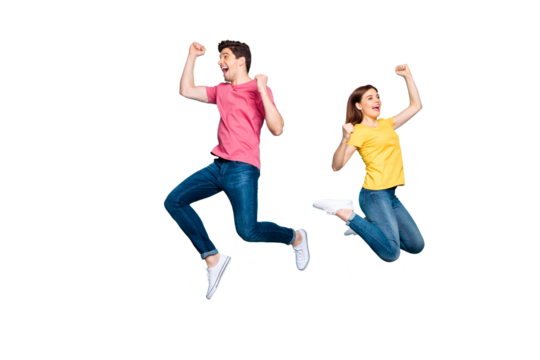 Full length body size view of his he her she nice attractive lovely cheerful cheery couple jumping up in air having fun rejoicing isolated on bright vivid shine vibrant green turquoise background