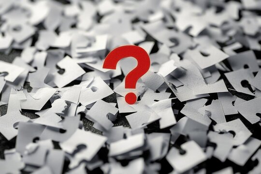 Red question mark stands out among scattered torn white paper pieces with black question marks symbolizing confusion and inquiry