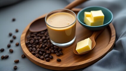 Buttery Coffee Drink with Coffee Beans on Wooden Tray