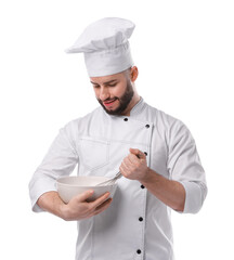 Happy confectioner in uniform holding whisk and bowl on white background