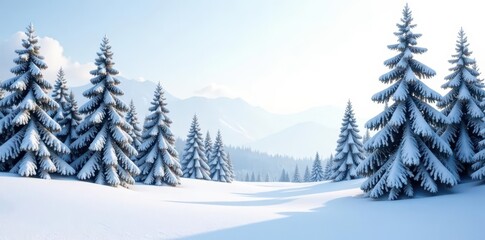 Fototapeta premium Towering grey firs, snowless winter landscape, bright white sky , panorama, coniferous