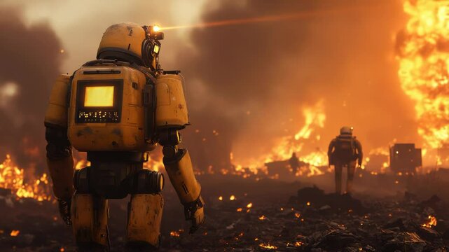 Futuristic robot standing in front of a massive fire in an urban environment, symbolizing artificial intelligence in disaster management and technological advancements in emergency response