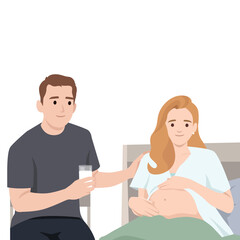 Supportive man offers a glass of milk to a pregnant woman resting in bed. Flat vector illustration isolated on white background