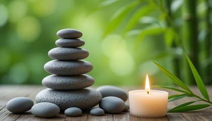 Zen stones stacked, peaceful candle lit, green bamboo background, tranquil spa relaxation scene, serene atmosphere, calming image, meditation, yoga, wellness