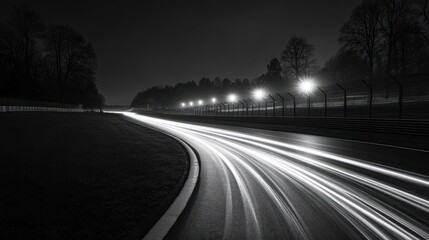 Night race track lightspeed blur, forest background, motorsport