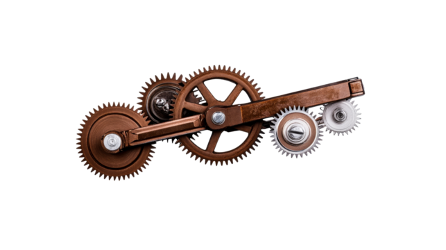 Interlocking metal cogwheels mechanism with connector, cut out transparent