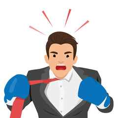 Businessman in a suit and red tie appears furious, wearing boxing gloves pulling at his tie. Flat vector illustration isolated on white background