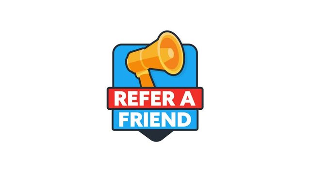 Refer a friend badge with megaphone on white and green screen
