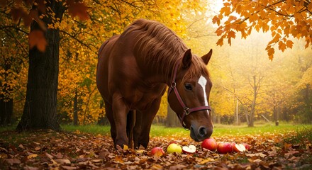 a horse peacefully eating apples in an autumn setting, subject positioned on the left with ample copy space on the right for text or graphics. ,hyper realistic digital art