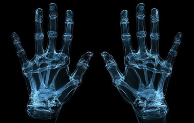 Naklejka premium In a hospital setting, a blue tone radiograph is displayed on a dark background, utilized by a doctor for diagnostic purposes to assess a patient's illness, with a normal x-ray of both hands, while