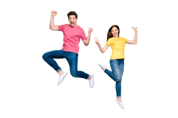 Full length body size view of nice attractive funky cheerful cheery crazy couple jumping in air having fun showing v-sign isolated on bright vivid shine vibrant green turquoise background