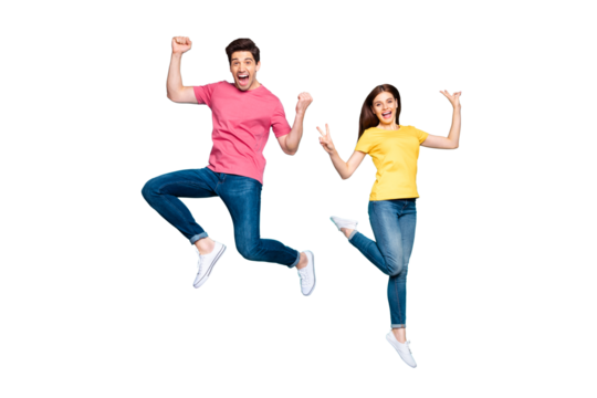 Full length body size view of nice attractive funky cheerful cheery crazy couple jumping in air having fun showing v-sign isolated on bright vivid shine vibrant green turquoise background