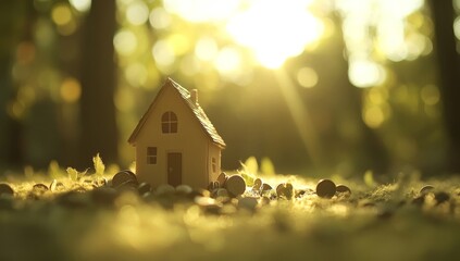 A home with a sizable hoard of coins on the ground, illuminated by sunlight, serves as a metaphor for a property investment concept, encompassing income, tax implications, and passive income, all