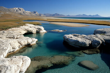 Drone view capturing the delta where the river meets the sea, showcasing natural beauty and tranquility