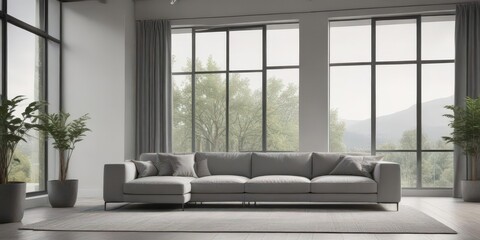Sleek grey sofa in minimalist living room with large windows, contemporary, apartment