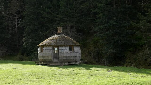 Wooden cabin located on the shore of Lac de Payolle, a touristic artificial lake located in the communes of Campan and Arreau of the Hautes-Pyr&eacute;n&eacute;es department.