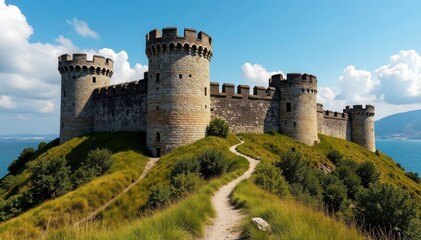 Weathered stone fortress, ancient battlements, architecture, decay, past